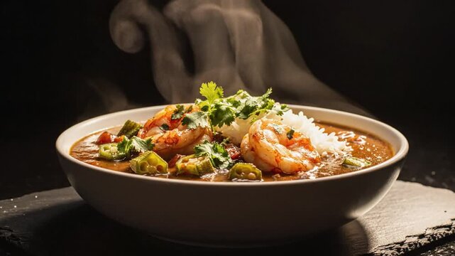 Savory Shrimp Gumbo Served in a White Bowl with Rice and Cilantro, Steam Rising