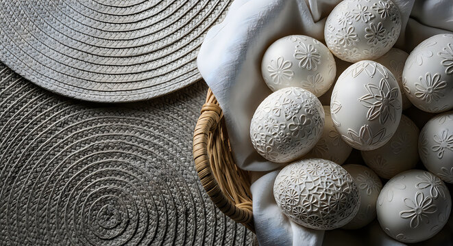 A basket of white eggs with floral patterns