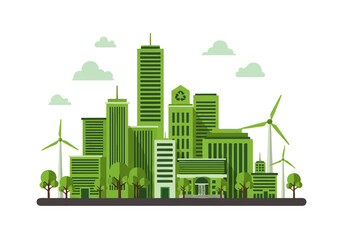 Obraz premium Green City Skyline with Wind Turbines.