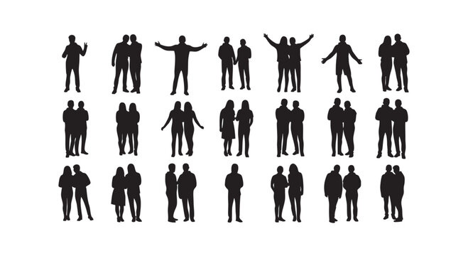 Collection of various human silhouettes in different poses and gestures isolated on transparent background