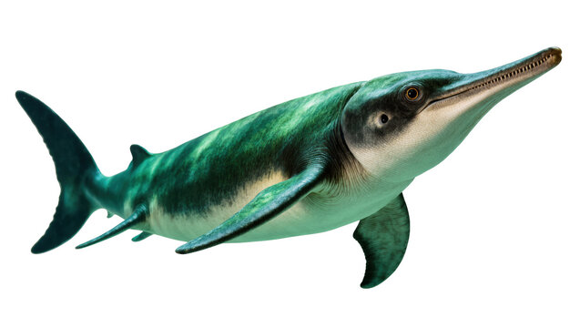 Ichthyosaur, an ancient marine reptile with streamlined body and long snout, realistic artwork