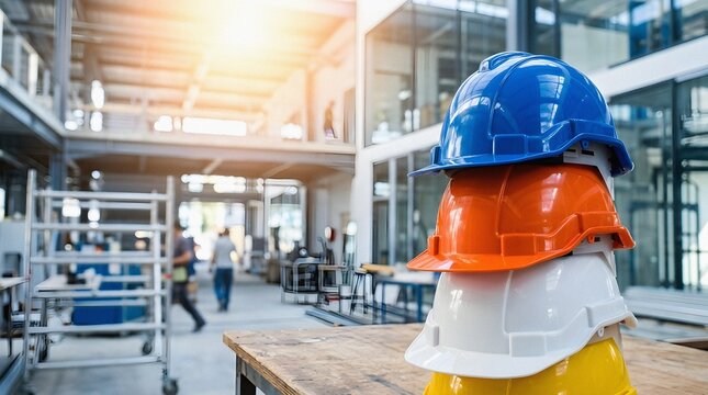 Stack of colorful safety hard hats on a table in a factory or workshop setting.