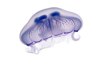 Striking translucent purple and blue jellyfish showcasing its intricate bell structure and delicate tentacles © Isolde