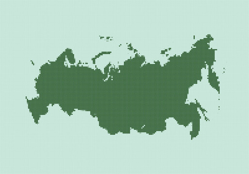 Digital pixel art map of russia with green dots on a light green background, representing the countrys geographic outline in a stylized manner