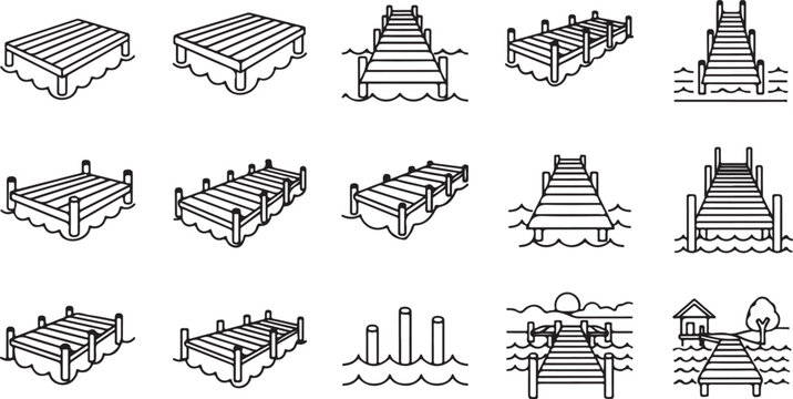Wooden pier dock icons set with different perspectives showing lake platform construction sea walkway river boardwalk and harbor harbor