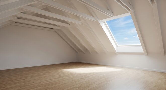 Bright empty attic room with wooden floor and skylight window showing blue sky and clouds, natural light illuminating the space, ready for renovation or design