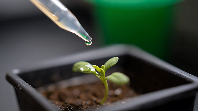 Precise Nourishment: Dropper Dispense Water on a Young Sprout in a Pot, Illustrating Delicate Plant Care and Early Growth Stages