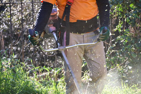unrecognisable man carrying out outdoor lawn maintenance whilst operating a brush cutter
