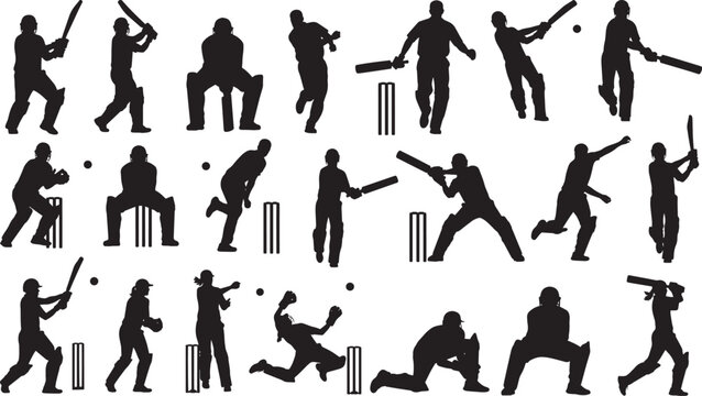 Cricket player silhouettes big set, Diverse Poses: Includes cricketers batting, bowling, fielding, and wicket keepin,  isolated on white background for sports design, vector illustration