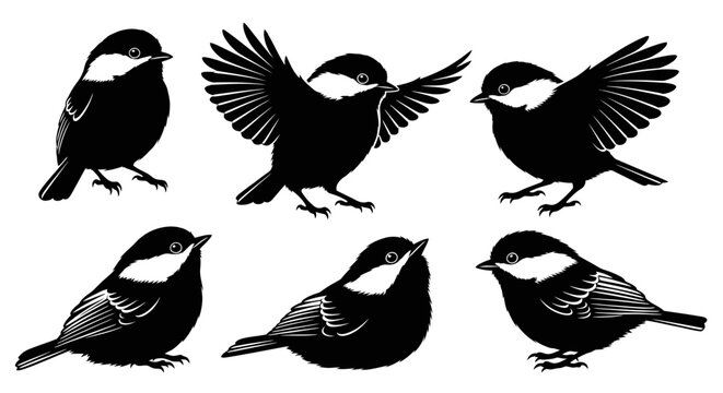 Set of Six Black and White Chickadee Bird Silhouettes in Various Poses