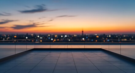 Obraz premium Rooftop terrace overlooking city skyline at sunset with warm orange and blue sky and distant lights creating a magical ambiance