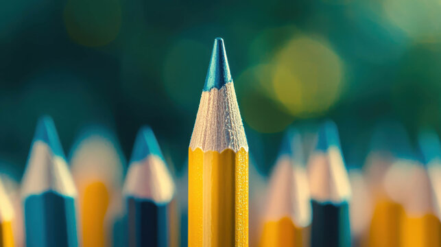 Yellow pencil leading group on blurred background symbolizing creativity leadership and success