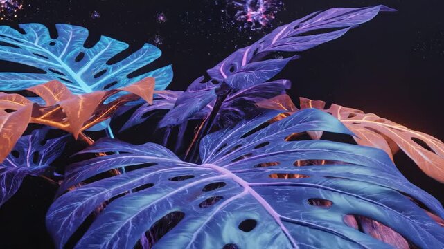 Glowing tropical leaves in dark setting