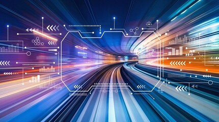 Fototapeta premium Digital data visualization dashboard with charts and graphs on a high-speed motion blur tunnel background.