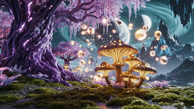 Fantasy forest with glowing mushrooms and moon