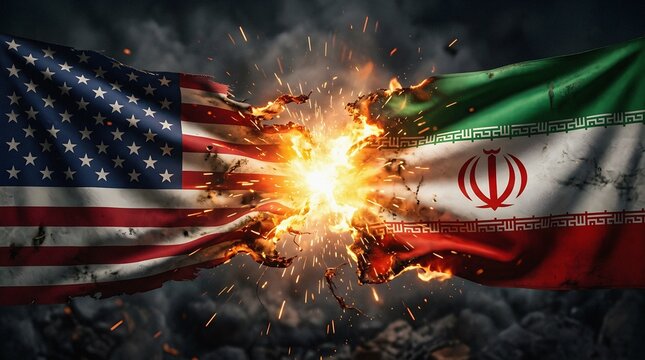 USA and Iran flags burning and exploding in a concept of political conflict.