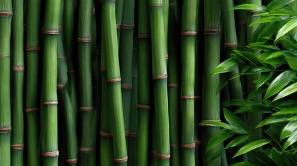 Obraz premium Bamboo texture background with green sticks wall pattern featuring natural colors and lighting for a simple yet elegant display