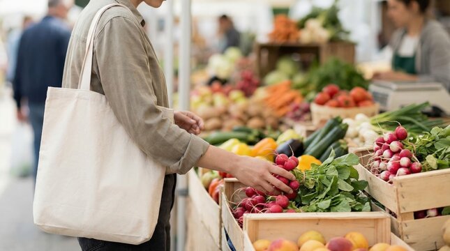 Woman choosing fresh organic radishes from a wooden crate at an outdoor farmers market, carrying a reusable tote bag, promoting sustainable shopping and healthy eating