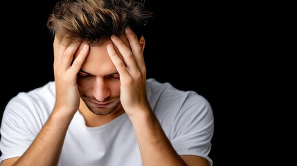 Fototapeta premium Man holding his head in his hands while feeling sadness and despair on a black background in a studio setting during a photo session