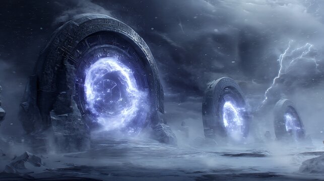 Ancient stone portals with glowing blue energy vortexes standing on a dark frozen arctic