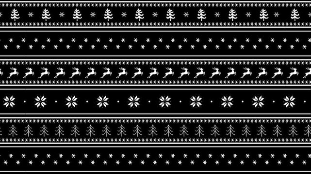 Christmas Striped Animated Pattern with Deer, Fir Trees, Snowflakes. Christmas Loop Background with Winter Elements. Merry Christmas, Happy New Year Design. Video in Black, White