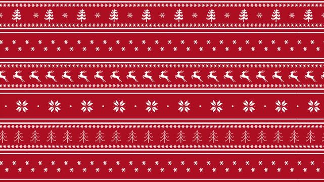 Christmas Striped Animated Pattern with Deer, Fir Trees, Snowflakes. Christmas Loop Background with Winter Elements. Merry Christmas, Happy New Year Design. Video in Red, White