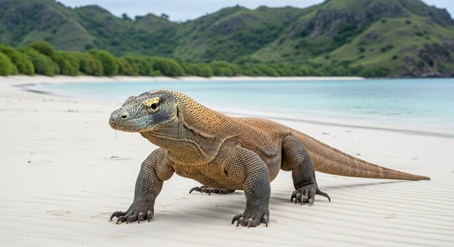 Komodo Dragon Roaming a Pristine Beach on Komodo Island, Indonesia, Showcasing Raw Power in a Photorealistic Style