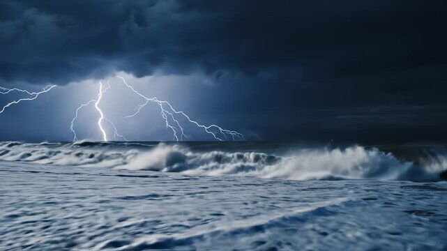 Lightning strikes ocean waves at night