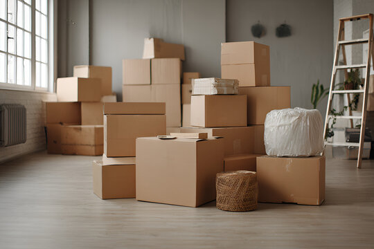 Stacked cardboard boxes of various sizes fill an empty, bright room during a moving process, alongside a small stool and a ladder