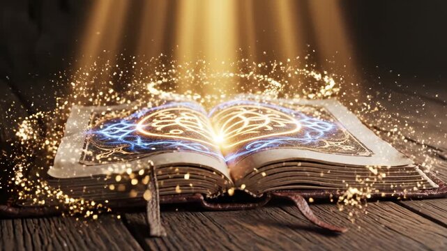 Open book with glowing pages and light rays