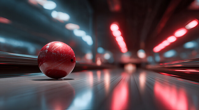 A close-up shows a red and white bowling ball on a wooden lane, blurred lights in the background creating speed effect