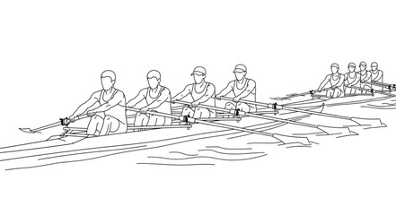 Rowing Team in Synchronized Motion - A Detailed Line Art Illustration. © Ki