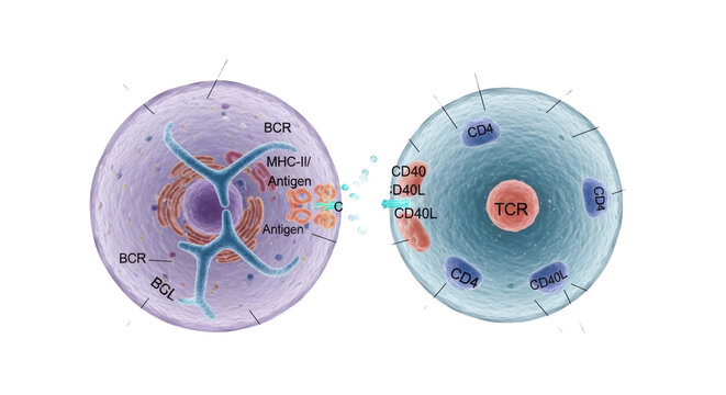 Stylized 3d scientific illustration of a lavender b cell and blue t helper cell with labels and glowing interleukins from top view immune activation concept