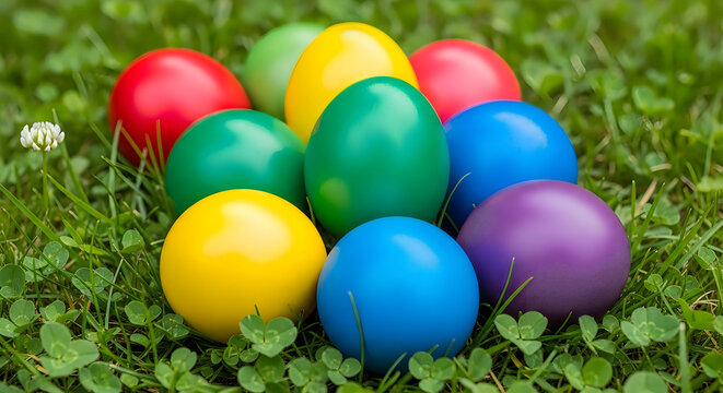 Colorful easter eggs on green grass with clover