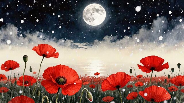 Mohnblumen mit Vollmond und Nebel