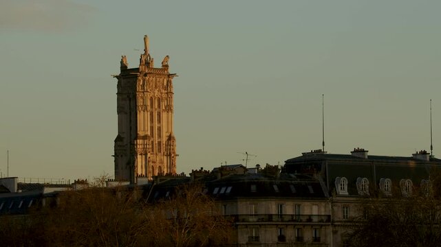 The Saint Jacques tower in Paris at sunrise