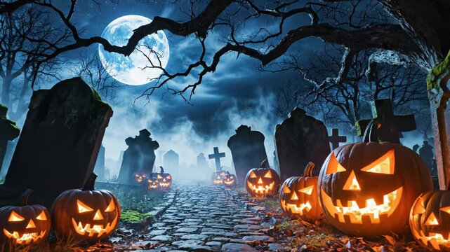 Halloween pumpkin path in graveyard