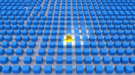 Naklejka premium Blue cubes form grid. Center shows bright yellow glow, radiating outward. Visual suggests impact or energy release.