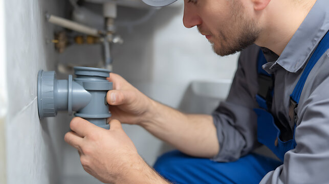 Professional plumber install drain detail. Male repairman fix pipe system for sink. Worker troubleshoot bathroom plumbing issue in home