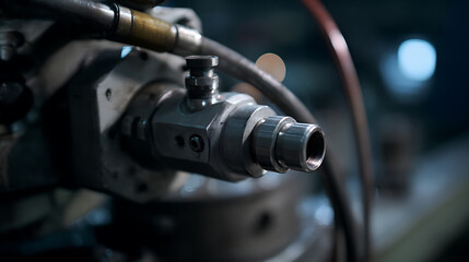 Obraz premium Industrial detail of a hydraulic valve and connections, showcasing precision engineered metal components in a manufacturing environment