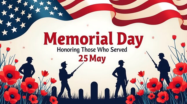 Memorial Day banner with American flag and soldier silhouettes, Honoring Those Who Served 25 May text, patriotic red poppy flowers and military cemetery