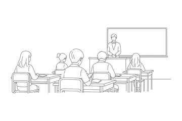 Obraz premium Continuous Line Drawing of a Classroom Scene with Teacher and Students, Minimalist One Line Art Illustration