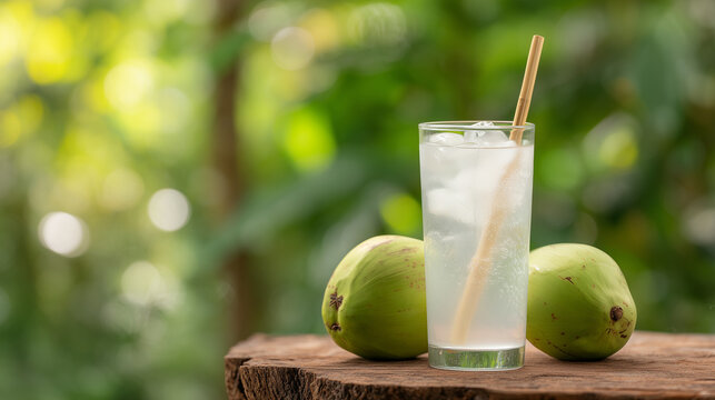 Glass of fresh coconut water with ice and straw on wooden table near tropical fruits. Refreshing summer beverage for healthy lifestyle. Organic drink from coconut tree outdoor.