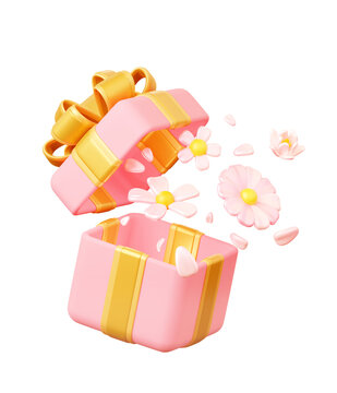 Pink 3D open gift box with golden bow ribbon flowers falling petals stylized isolated surprise present box for spring holidays banner