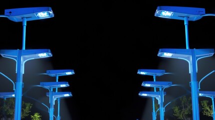 Fototapeta premium Bright blue streetlights illuminate dark space. Rows create tunnel effect, glowing beams visible. Modern design, nighttime scene.