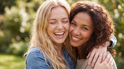 Obraz premium Close Up of Smiling Woman Blonde and Woman Brunette Friends Embracing Female Friendship
