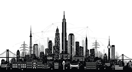Fototapeta premium Black and white cityscape silhouette illustrating interconnected digital technology and urban infrastructure development
