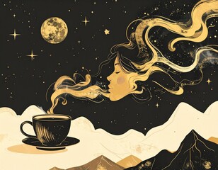 Design für Kaffeewerbung, ein Frauenkopf atmet den Duft von Kaffeedampf ein