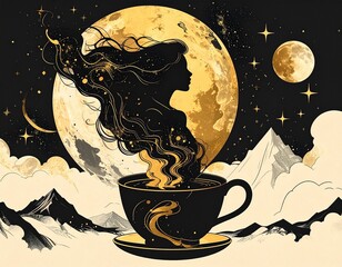 Design für Kaffeewerbung, ein Frauenkopf entsteht aus dem Dampf aus einer Kaffeetasse, im Hintergrund der Mond und Berge