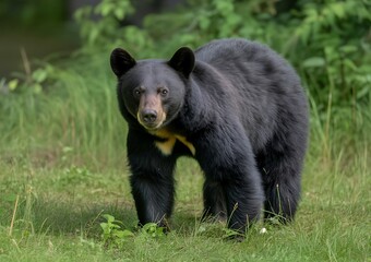 Obraz premium A black bear stands in a green meadow looking directly at the camera